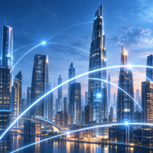 Futuristic city skyline with light arcs