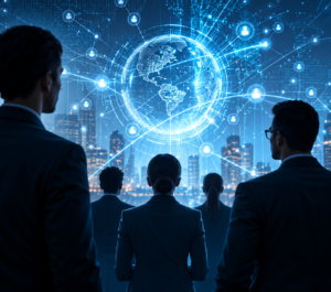 People at a global strategy hologram briefing